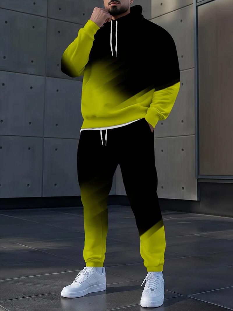 بدلة رياضية رجالية بغطاء للرأس مطبوعة ثلاثية الأبعاد بألوان متدرجة للخريف، بنطال رياضي كاجوال عصري، طقم رياضي مكون من قطعتين، ملابس رجالية