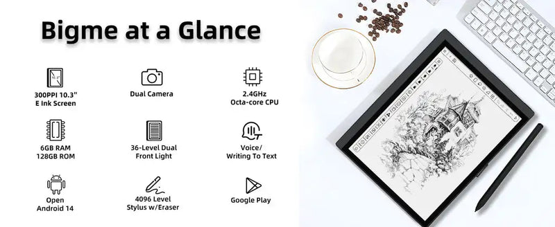 قارئ الكتب الإلكترونية Bigme B1051 مقاس 10.3 بوصة، يعمل بنظام Android 14، جهاز لوحي للكتب الإلكترونية، Demensity 900، 6+128 جيجابايت، حبر إلكتروني، B1051 Lite 4+64 جيجابايت