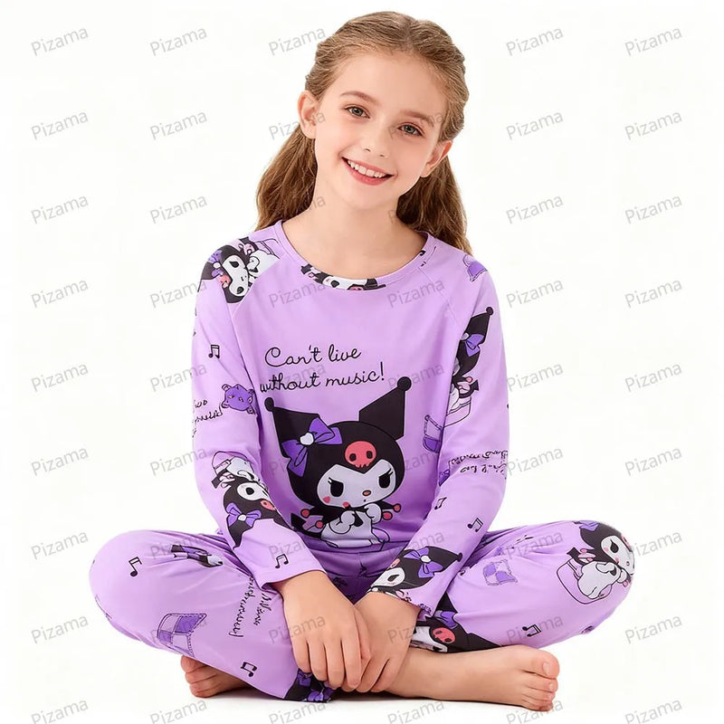 طقم بيجامات كورومي الكرتونية للأطفال - ملابس نوم بأكمام طويلة للبنات - بيجامات سانريو لطيفة ومريحة للأطفال البنات - ملابس منزلية