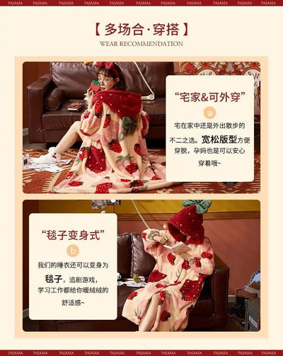 بيجامات شتوية للنساء، رداء طويل بغطاء للرأس برسومات كرتونية على شكل فراولة، ملابس منزلية لطيفة، ملابس نوم كاواي فلانل، رداء حمام دافئ ومريح