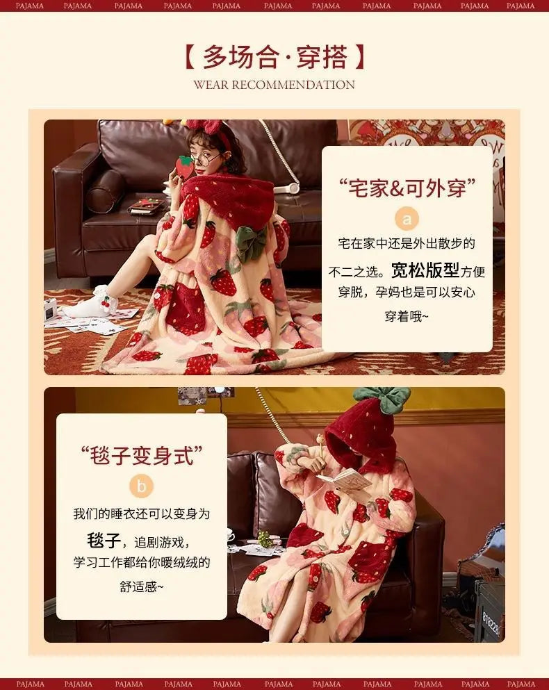 بيجامات شتوية للنساء، رداء طويل بغطاء للرأس برسومات كرتونية على شكل فراولة، ملابس منزلية لطيفة، ملابس نوم كاواي فلانل، رداء حمام دافئ ومريح