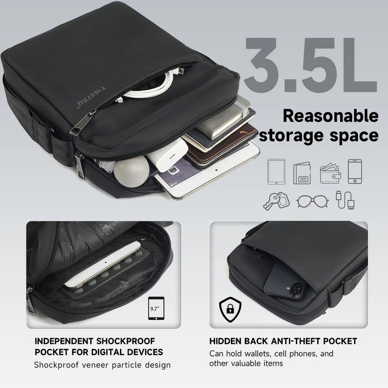 حقائب كتف من Tigernu للرجال، حقائب رسول، حقائب كروسبودي من مادة TPU، حقيبة أنيقة للرجال لأجهزة iPad مقاس 9.7 بوصة، حقيبة سفر صغيرة بحزام
