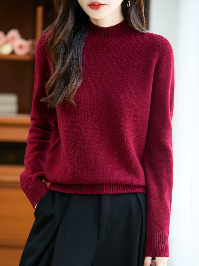 سترة نسائية أساسية للخريف والشتاء أنيقة سميكة من صوف ميرينو 100% محبوكة برقبة وهمية وملابس بأكمام طويلة