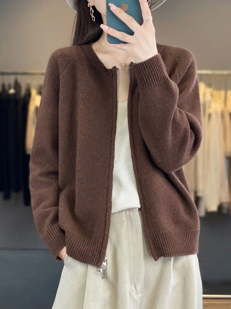 سترة MEELEX كاجوال خريفية شتوية ناعمة ودافئة للنساء من صوف ميرينو 100% محبوكة برقبة دائرية وسحاب وبلوزة سترة صوفية جديدة للنساء