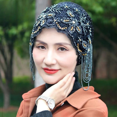 حجابات نسائية مسلمة مطرزة بالخرز الأسود، قبعات صلاة عيد رمضان، قبعات حفلات مسائية فاخرة، قبعات كوفية، عمامة، أوشحة إسلامية
