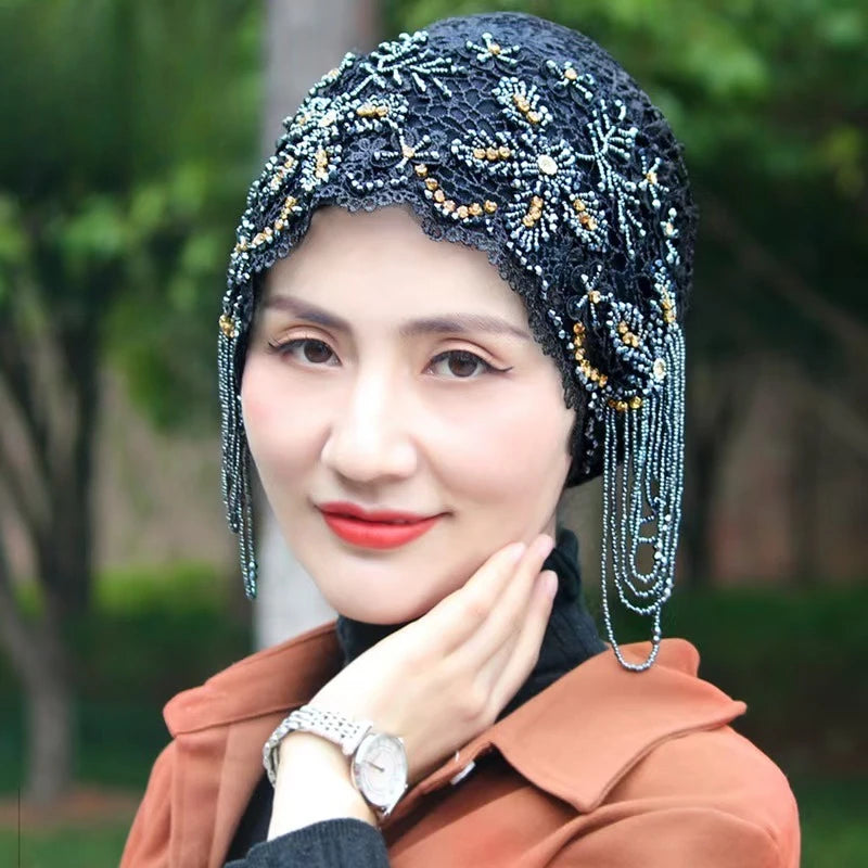 حجابات نسائية مسلمة مطرزة بالخرز الأسود، قبعات صلاة عيد رمضان، قبعات حفلات مسائية فاخرة، قبعات كوفية، عمامة، أوشحة إسلامية