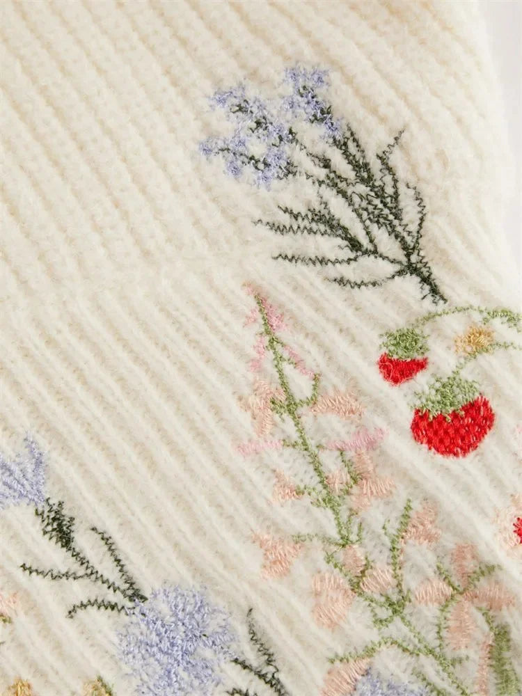 سترة نسائية كاجوال بأكمام طويلة ومطرزة بالورود لفصل الخريف والشتاء، أنيقة بياقة عالية، محبوكة، بلوفر علوي