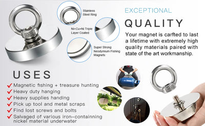 مغناطيس صيد نيوديميوم فائق القوة، مغناطيس إيمانز شديد التحمل مع مسمار عين بفتحة غاطسة لصيد الأسماك المغناطيسية