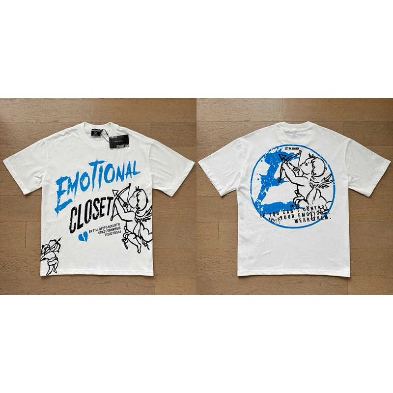 تي شيرت رجالي ونسائي فضفاض كاجوال برقبة دائرية وأكمام قصيرة، مطبوع عليه ملاك من High Street Fashion Hot Drill Streetwear MIXED EMOTION