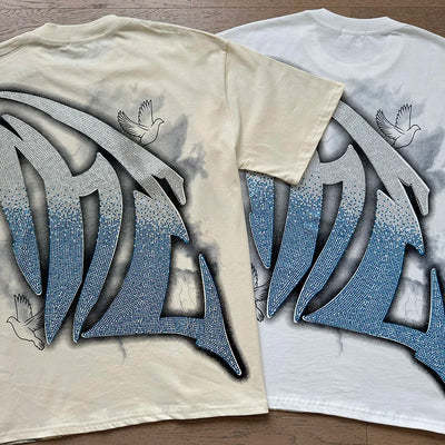 تي شيرت رجالي ونسائي فضفاض كاجوال برقبة دائرية وأكمام قصيرة، مطبوع عليه ملاك من High Street Fashion Hot Drill Streetwear MIXED EMOTION