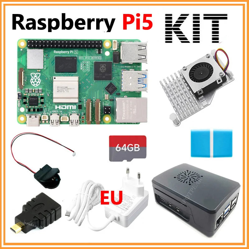 Raspberry Pi 5 16GB /8GB/4GB/2GB RAM Option Pi5 8GB KIt PD Power Supply / RTC / 64GB Card / Heatsink Fan / Card Reader