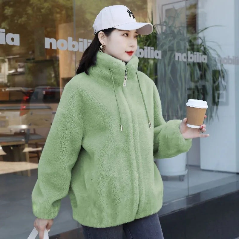 معطف نسائي شتوي دافئ من الصوف المرجاني المزدوج بياقة واقفة ومعطف سميك من القطيفة ملابس نسائية أنيقة كاجوال بأكمام طويلة وسحاب