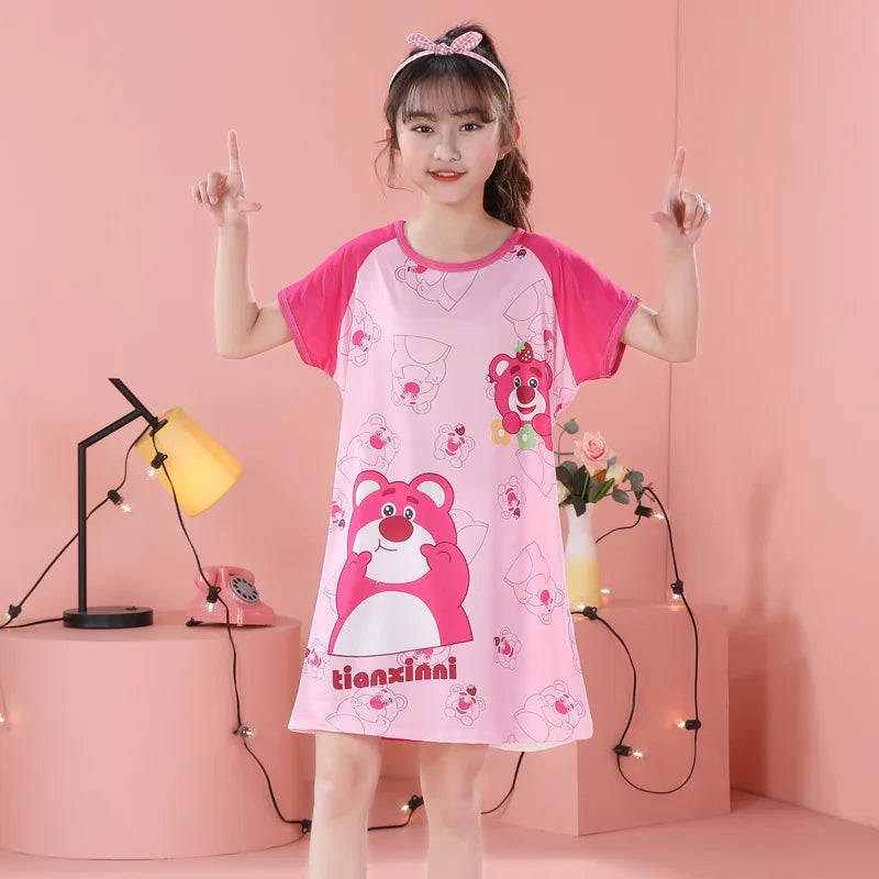 ملابس منزلية للأطفال من MINISO فستان نوم صيفي بأكمام قصيرة من Disney Hello Kitty Cat، بيجامات للبنات الصغار، ثوب نوم، ملابس نوم