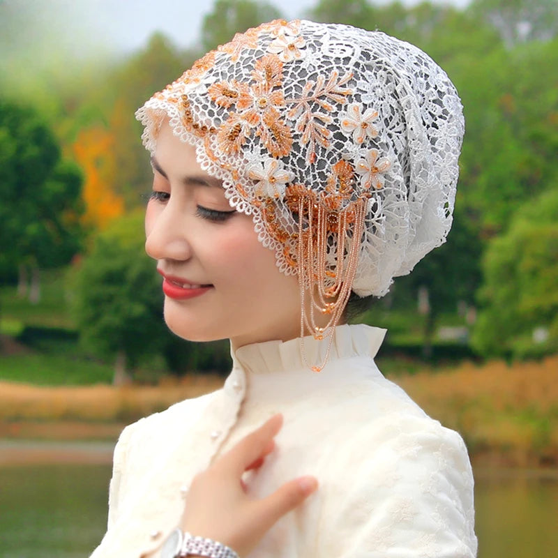 حجابات نسائية مسلمة مطرزة بالخرز الأسود، قبعات صلاة عيد رمضان، قبعات حفلات مسائية فاخرة، قبعات كوفية، عمامة، أوشحة إسلامية