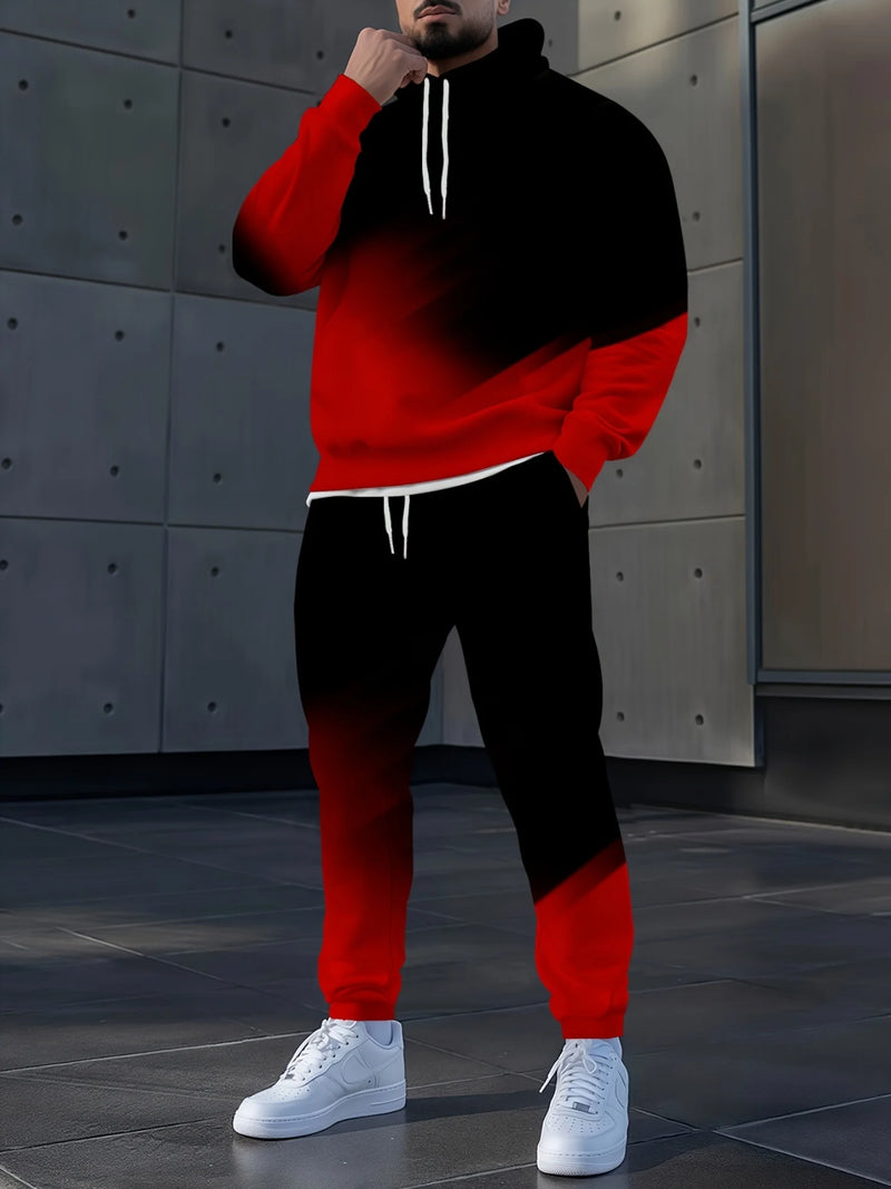 بدلة رياضية رجالية بغطاء للرأس مطبوعة ثلاثية الأبعاد بألوان متدرجة للخريف، بنطال رياضي كاجوال عصري، طقم رياضي مكون من قطعتين، ملابس رجالية