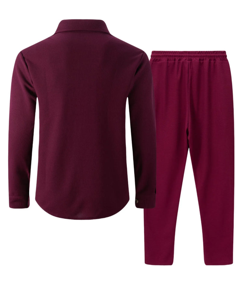 طقم قميص وبنطلون كارديجان بأكمام طويلة ولون سادة وجيبين وأزرار بتصميم خريفي جديد