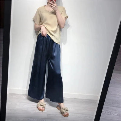 بيردسكي، قطعة واحدة من بنطلونات كابري واسعة الساق، مصنوعة من حرير التوت الطبيعي ١٠٠٪، مقاس إضافي، وخصر مرتفع. مقاس S-39