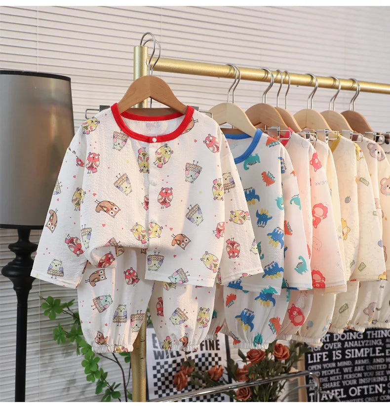 ملابس نوم جديدة للأطفال برسومات كرتونية لطيفة، قطعتين، بيجامات منزلية رقيقة للربيع والصيف للأولاد والبنات، ملابس مكيفة