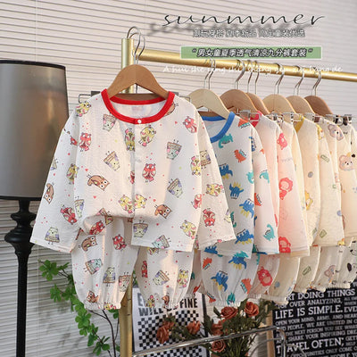 ملابس نوم جديدة للأطفال برسومات كرتونية لطيفة، قطعتين، بيجامات منزلية رقيقة للربيع والصيف للأولاد والبنات، ملابس مكيفة