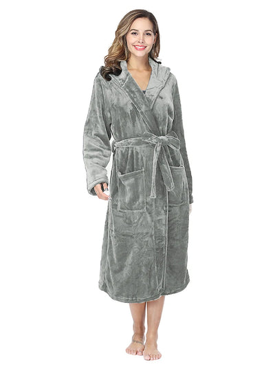 رداء حمام نسائي من RONGTAI بلون سادة مزود بغطاء للرأس، مصنوع من الصوف الناعم، رداء طويل دافئ، ثوب نوم من الصوف