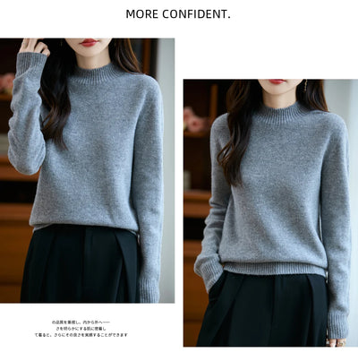 سترة نسائية أساسية للخريف والشتاء أنيقة سميكة من صوف ميرينو 100% محبوكة برقبة وهمية وملابس بأكمام طويلة