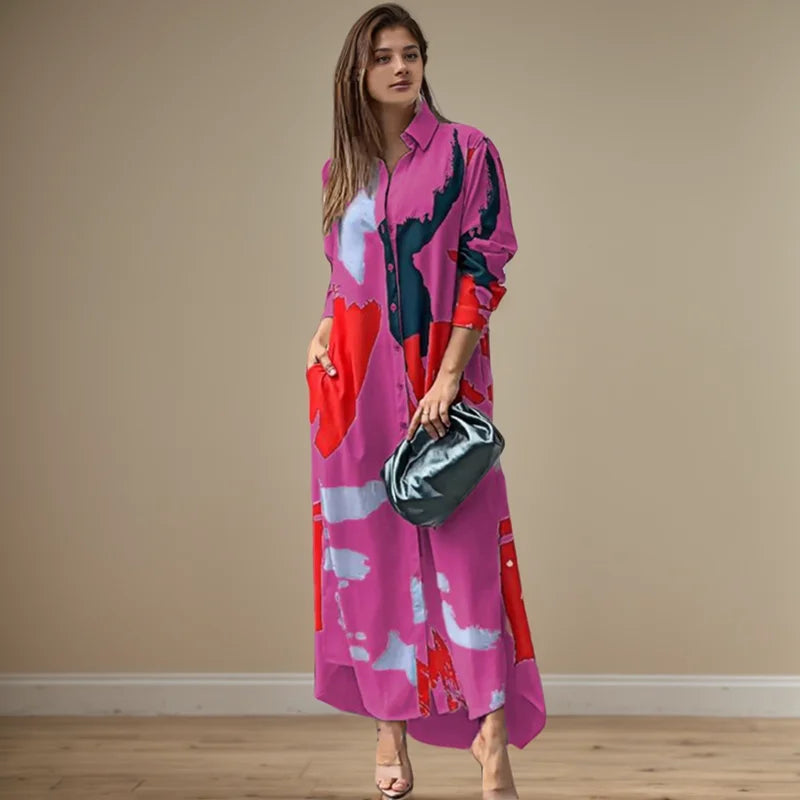 فستان طويل أنيق مثير بفتحة جانبية وياقة مطوية ومطبوع بأكمام طويلة وجيب وصدر واحد