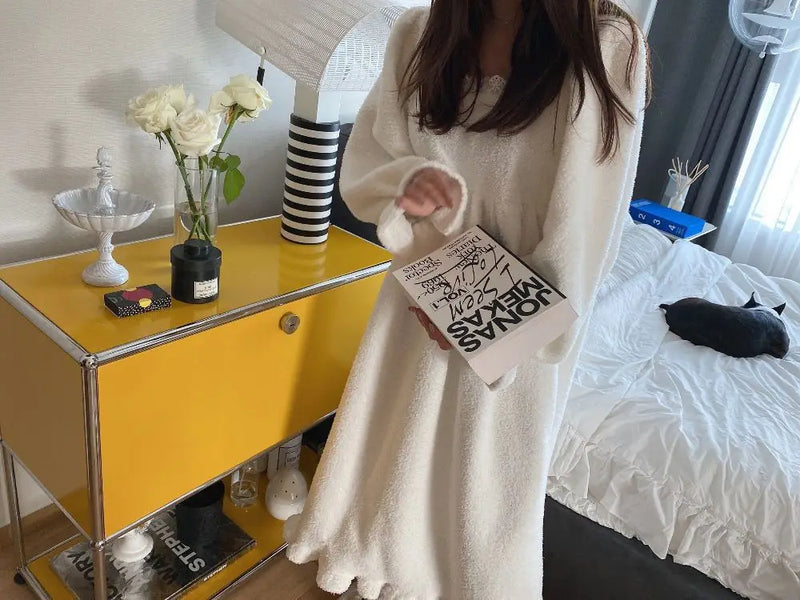 قميص نوم شتوي بأكمام طويلة من الفلانيل للنساء، ملابس نوم فضفاضة سادة، ملابس نوم سميكة ودافئة، ملابس نوم منزلية مريحة