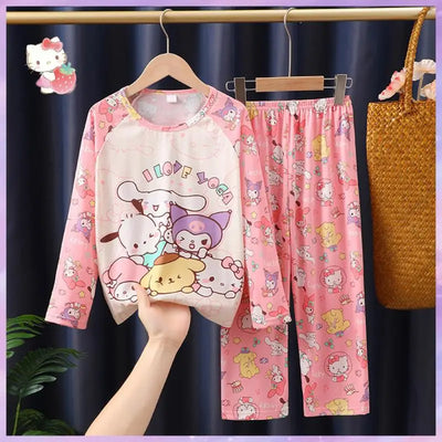 طقم بيجامات أطفال من قطعتين من الرسوم المتحركة بتصميم كرايون شين تشان بأكمام طويلة وبنطلون للبنات الصغار، ملابس نوم فضفاضة ولطيفة