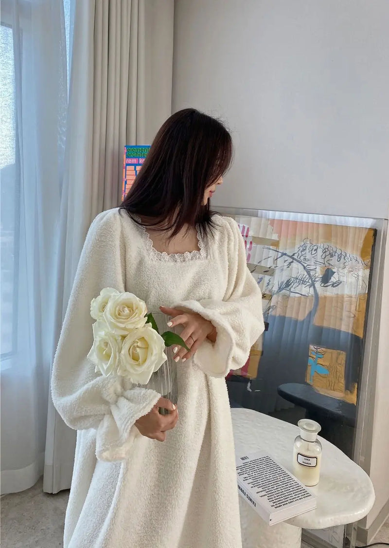 قميص نوم شتوي بأكمام طويلة من الفلانيل للنساء، ملابس نوم فضفاضة سادة، ملابس نوم سميكة ودافئة، ملابس نوم منزلية مريحة