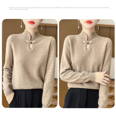 سترة نسائية جديدة محبوكة من الصوف على الطراز الصيني لفصل الخريف والشتاء بياقة واقفة ومزاجية أنيقة ZD-3012