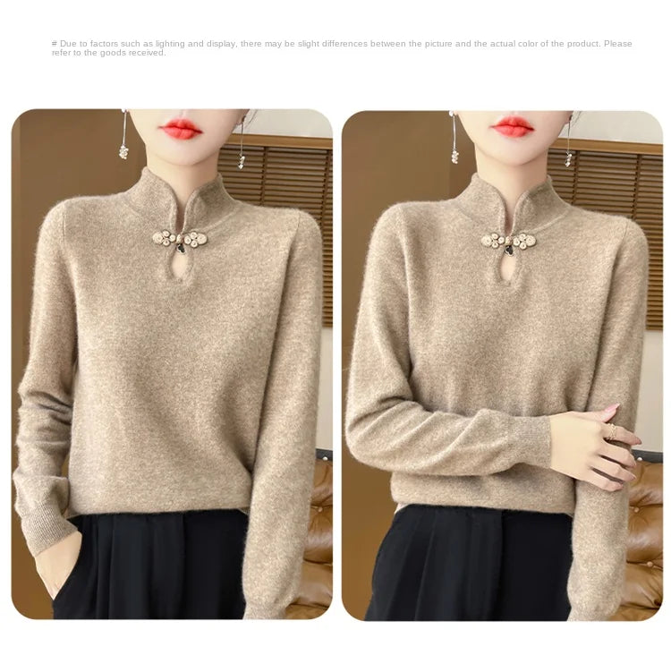 سترة نسائية جديدة محبوكة من الصوف على الطراز الصيني لفصل الخريف والشتاء بياقة واقفة ومزاجية أنيقة ZD-3012