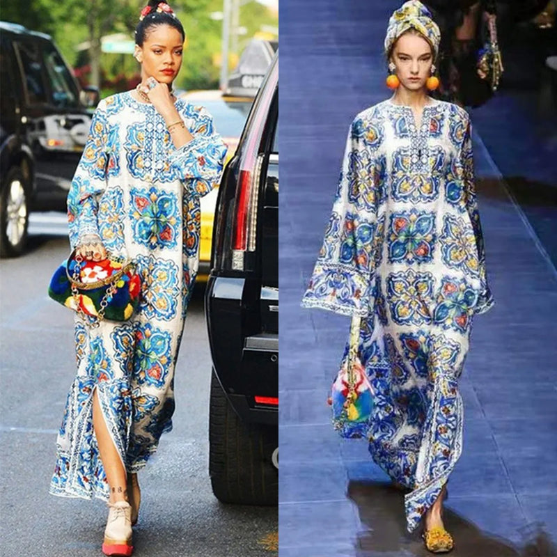 فستان سهرة بوهيمي للشاطئ، مطبوع باللونين الأزرق والأبيض، مناسب للعطلات الصيفية، بأكمام طويلة، مناسب لحفلات التخرج، فستان صيفي بوهيمي، مناسب للسباحة في الشمس