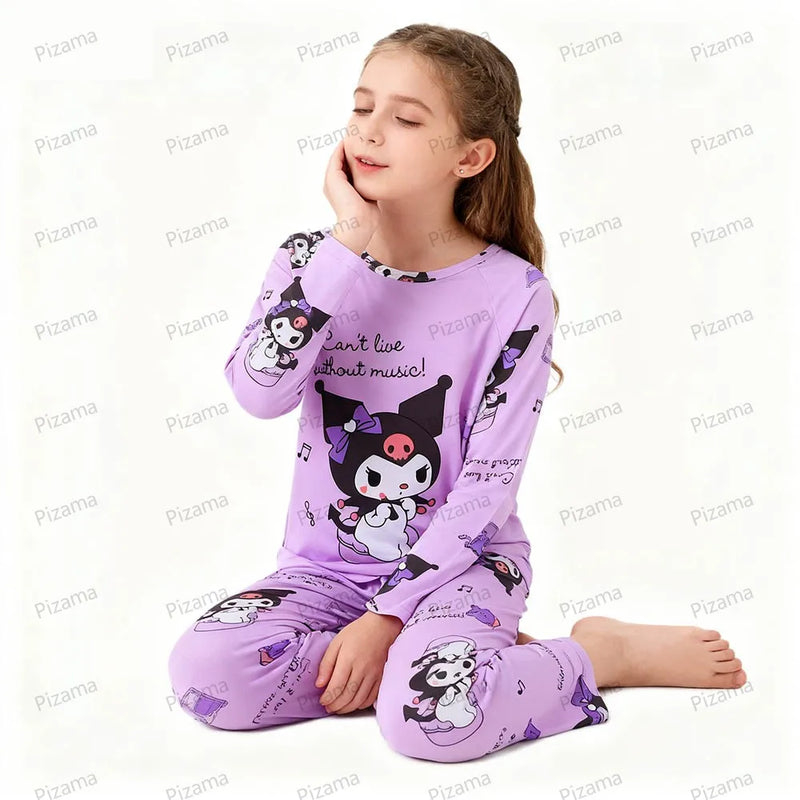 طقم بيجامات كورومي الكرتونية للأطفال - ملابس نوم بأكمام طويلة للبنات - بيجامات سانريو لطيفة ومريحة للأطفال البنات - ملابس منزلية