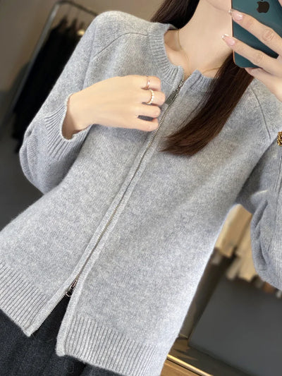 سترة MEELEX كاجوال خريفية شتوية ناعمة ودافئة للنساء من صوف ميرينو 100% محبوكة برقبة دائرية وسحاب وبلوزة سترة صوفية جديدة للنساء