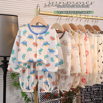 ملابس نوم جديدة للأطفال برسومات كرتونية لطيفة، قطعتين، بيجامات منزلية رقيقة للربيع والصيف للأولاد والبنات، ملابس مكيفة