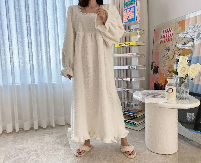 قميص نوم شتوي بأكمام طويلة من الفلانيل للنساء، ملابس نوم فضفاضة سادة، ملابس نوم سميكة ودافئة، ملابس نوم منزلية مريحة