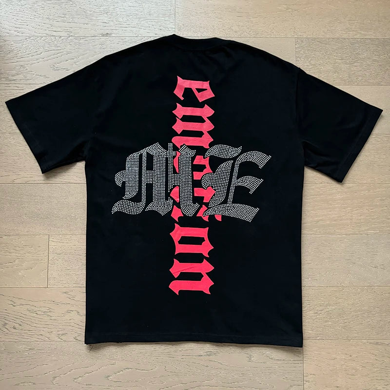 تي شيرت رجالي ونسائي فضفاض كاجوال برقبة دائرية وأكمام قصيرة، مطبوع عليه ملاك من High Street Fashion Hot Drill Streetwear MIXED EMOTION