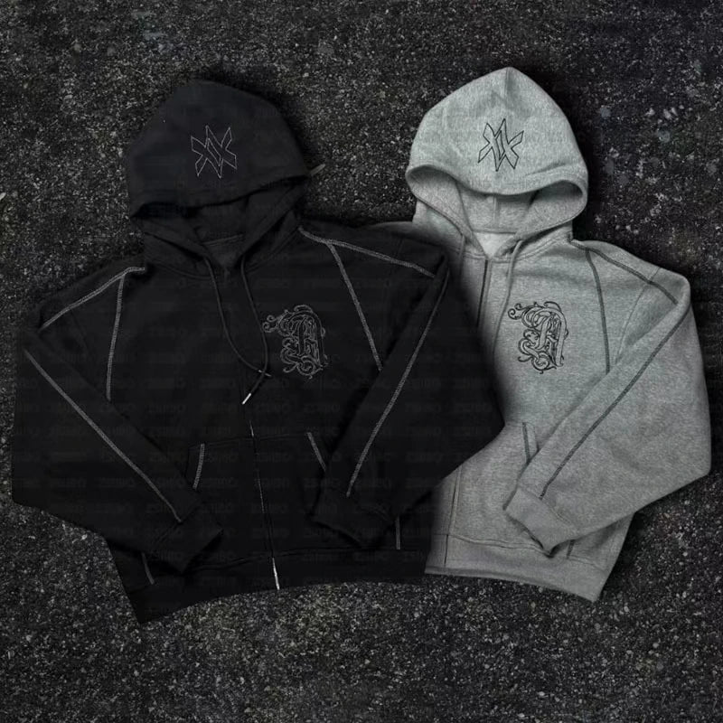 طقم سويت شيرت بقلنسوة وبنطال رياضي كاجوال بسحاب من أمريكا Y2K مكون من قطعتين، سويت شيرت هيب هوب مطرز كبير الحجم للرجال والنساء، بنطلون كاجوال