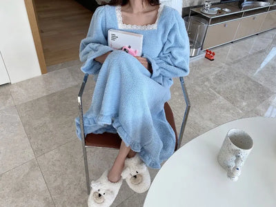 قميص نوم شتوي بأكمام طويلة من الفلانيل للنساء، ملابس نوم فضفاضة سادة، ملابس نوم سميكة ودافئة، ملابس نوم منزلية مريحة