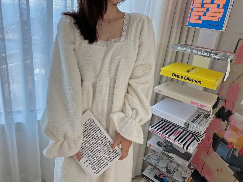 قميص نوم شتوي بأكمام طويلة من الفلانيل للنساء، ملابس نوم فضفاضة سادة، ملابس نوم سميكة ودافئة، ملابس نوم منزلية مريحة