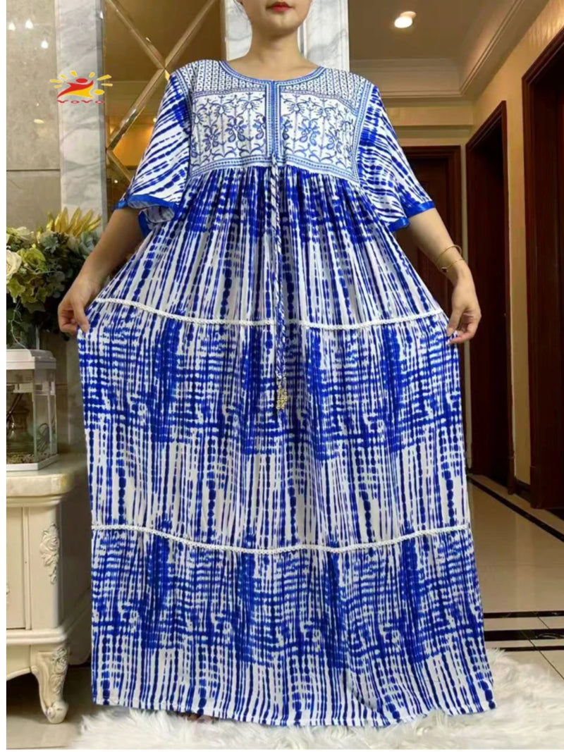 فستان صيفي جديد لعام 2025 عباية إسلامية بأكمام قصيرة وخصر مجمع مزهر فضفاض من بوبو ماكسي إسلامي للنساء ملابس عباية أفريقية