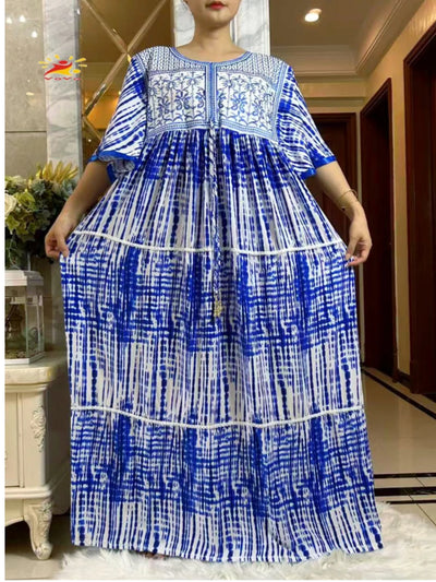 فستان صيفي جديد لعام 2025 عباية إسلامية بأكمام قصيرة وخصر مجمع مزهر فضفاض من بوبو ماكسي إسلامي للنساء ملابس عباية أفريقية