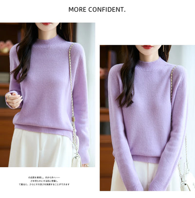 سترة نسائية أساسية للخريف والشتاء أنيقة سميكة من صوف ميرينو 100% محبوكة برقبة وهمية وملابس بأكمام طويلة