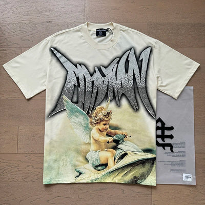 تي شيرت رجالي ونسائي فضفاض كاجوال برقبة دائرية وأكمام قصيرة، مطبوع عليه ملاك من High Street Fashion Hot Drill Streetwear MIXED EMOTION