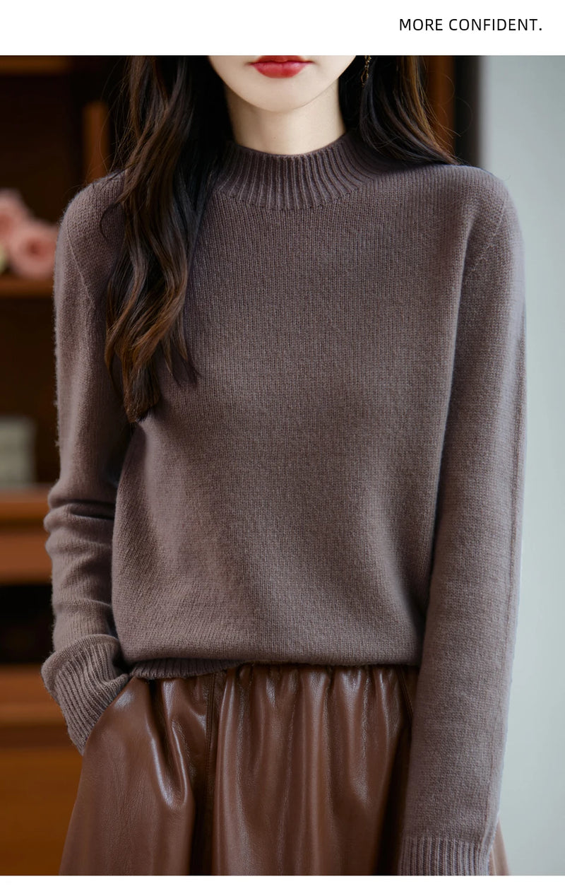 سترة نسائية أساسية للخريف والشتاء أنيقة سميكة من صوف ميرينو 100% محبوكة برقبة وهمية وملابس بأكمام طويلة