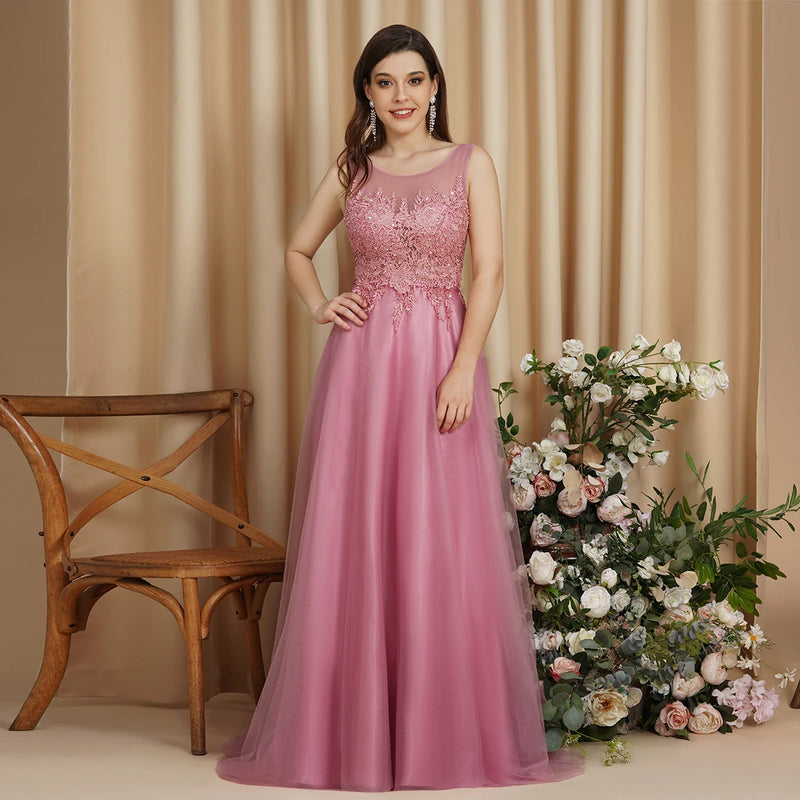 فستان وصيفة العروس من BABYONLINE بلون الورد المغبر مع صد من الدانتيل، فستان أنيق من التول بتصميم حرف A، مناسب للمناسبات الرسمية وحفلات الزفاف للنساء