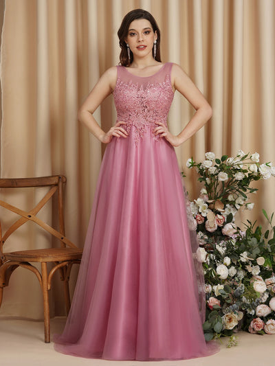 فستان وصيفة العروس من BABYONLINE بلون الورد المغبر مع صد من الدانتيل، فستان أنيق من التول بتصميم حرف A، مناسب للمناسبات الرسمية وحفلات الزفاف للنساء