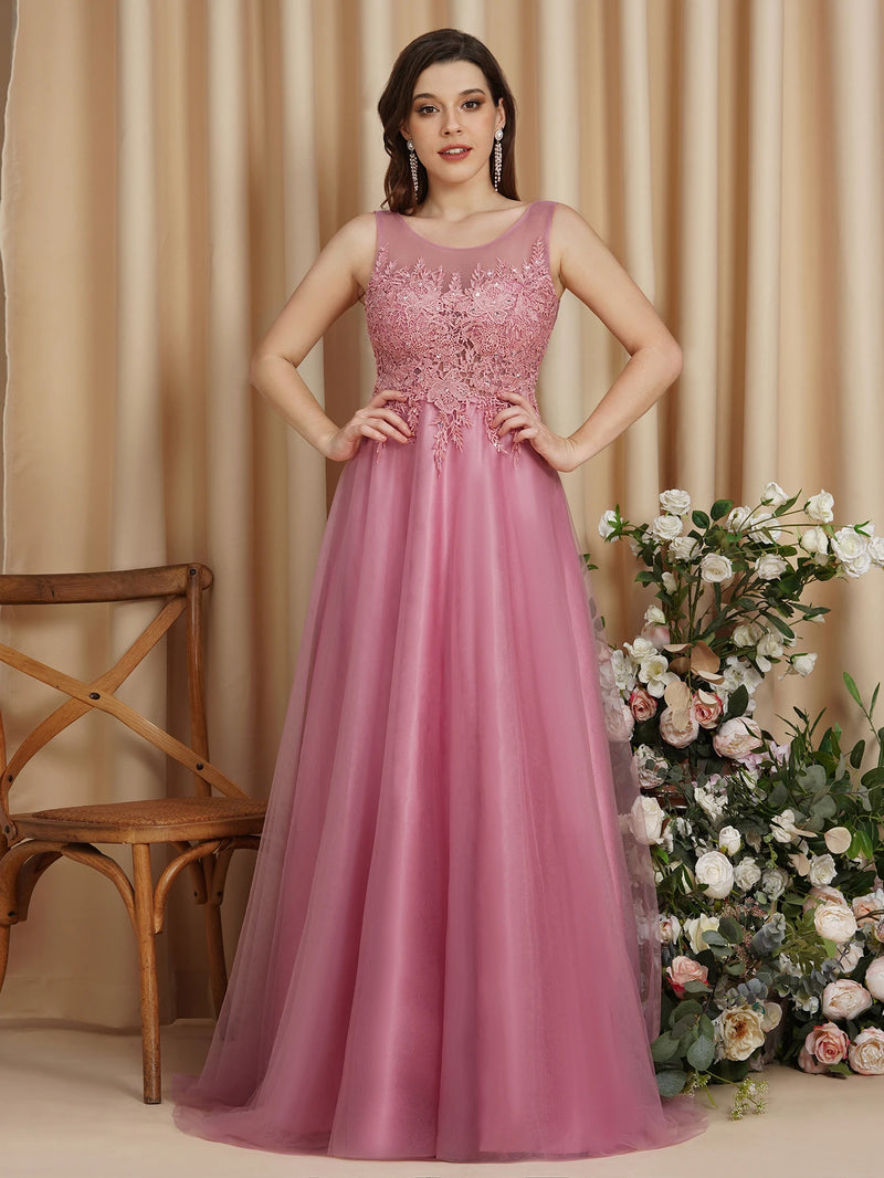 فستان وصيفة العروس من BABYONLINE بلون الورد المغبر مع صد من الدانتيل، فستان أنيق من التول بتصميم حرف A، مناسب للمناسبات الرسمية وحفلات الزفاف للنساء