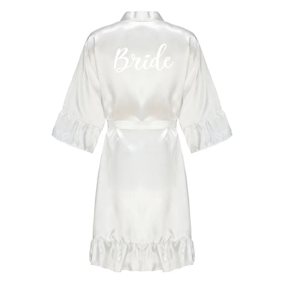 رداء زفاف العروس ووصيفة العروس للنساء هدايا حفلات الزفاف فستان الفريق ثوب حرير ساتان ملابس نوم كيمونو مع كشكشة حرف أبيض