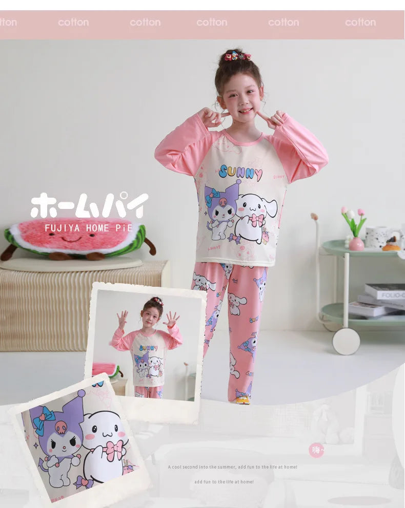 بيجامات أطفال من سانريو كورومي ماي ميلودي كاواي بوشاكو سينامورول قطن خالص بأكمام طويلة طقم ملابس نوم منزلي للأطفال برسومات كرتونية